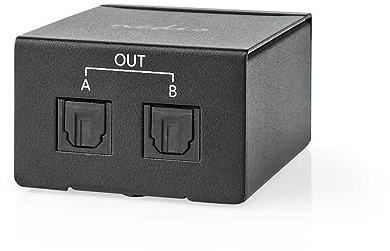 Nedis TosLink-splitter | 2-vägs | Anslutningar – ingång: TosLink-uttag | Anslutningar – utgång: 2 x TosLink | Tryckknapp | metall | svart