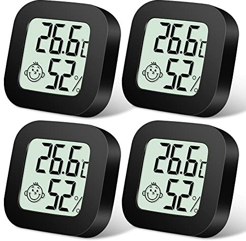 Flintronic Higrometro Digital Termometro, 4Pieza Mini Termómetro interior del higrómetro, Pantalla LED con Logo de Confort para Termometro Ambiental para Oficina Habitación de Bebé Jardín (Negro)