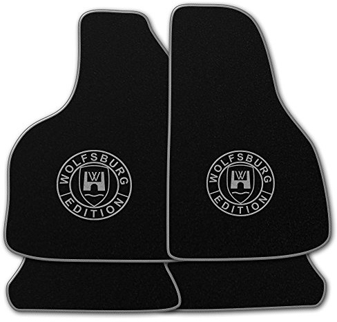 AUTOTEPPICH-Stylers NF100 Schwarze Fußmatten passend für VW Käfer mit Logo Wolfsburg Edition WOB und Rand in Silbergrau