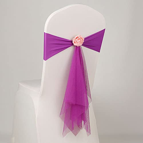 IsolaY 13 Couleurs Spandex Sash avec Rose Artificielle Fleur Et Organza Chaise Sash Mariage Dîner Banquet Chaise Sash Bow Tie Band,Fuchsia