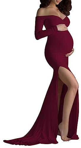 LAEMILIA Graviditetsklänning fotografering, moderskapsklänningar, lång klänning, gravid, dam, graviditet, foto, axelbandslös klänning, ceremoni, bröllop, kväll, klänning, fotografi, bodycon, enfärgad S/XL, Vinröd, S