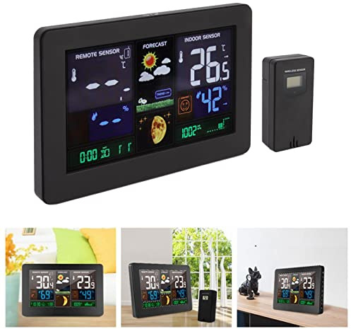 Wetterstation Funk mit Außensensor,Wetteruhr kabellose Wetteruhr für den Innen- und Außenbereich Thermometer mit LED-Farbbildschirm,Hygrometer, Wettervorhersage, Uhrzeitanzeige,100-240V EU-Stecker