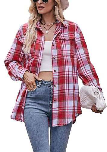 Agoeast Womens Oversized Flannel Plaid Shirts Casual Button Down Blouse Tops with Pockets(0001-Red-S)