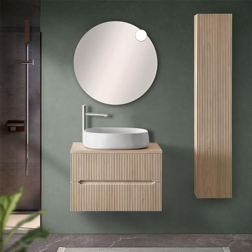 Inbagno Mobile Bagno Sospeso Cannettato 70 Cm Rovere Chiaro Con 2 Cassetti Soft-Close, Top Per Lavabo D’appoggio BALI