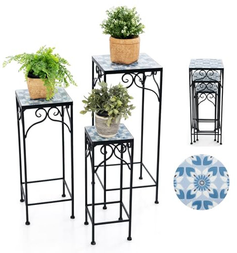 COSTWAY Blumenständer Mosaik 3er Set, Blumenhocker Garten Quadratisch, Blumentreppe Metall, Gartentisch Beistelltisch Mosaiktisch, Pflanzenständer Pflanzenhocker, Terrasse Balkon, Blau, 28/23/18cm