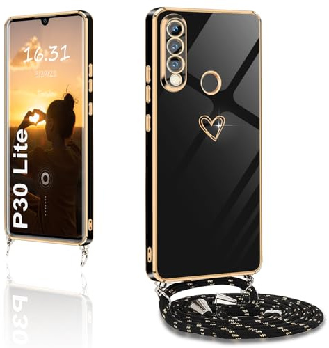 XCYYOO Handykette für Huawei P30 Lite Hülle mit Band,Handyhülle Huawei P30 Lite mit Kette Love Design Galvanik Silikon Stoßfest Schutzhülle mit Kordel zum Umhängen Kameraschutz, Schwarz