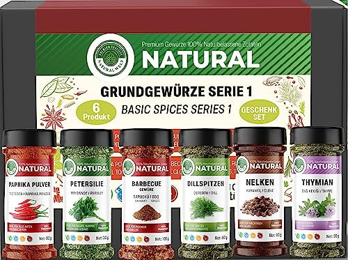 Natural Welt 6 er Gewürz-Geschenk Set 1 (450g) I Basicgewürze Serie 1 I Essentielle Kräuter und Gewürze I Gewürz-Set Geschenke für Männer/Frauen