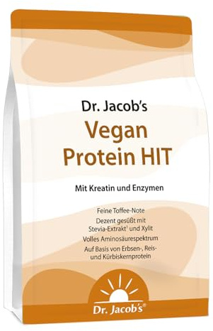 Dr. Jacob’s Vegan Protein HIT I Proteinpulver mit Kreatin und Enzymen | feine Toffee-Note I ohne künstliche Aromen, zuckerfrei, vegan I 1000 g, 66 Portionen