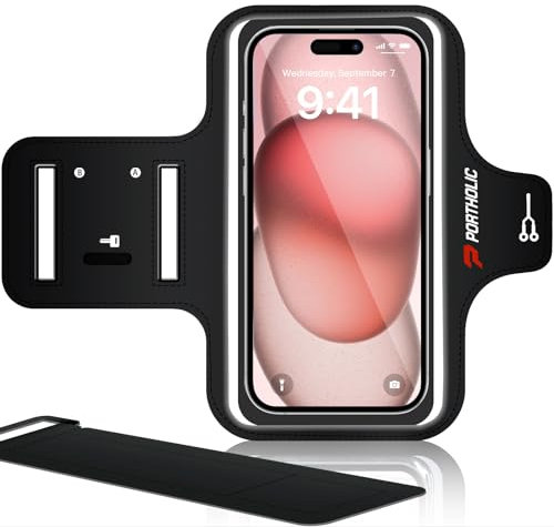 PORTHOLIC Schweißfest Handy Sportarmband Armhalterung für iPhone 16/15/14/13/12/11, Samsung Galaxy S24/S23/S22, Huawei P60/P50,Xiaomi für Joggen Radfahren Wandern, mit Verlängerungsband (M)