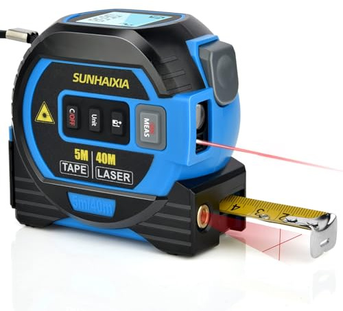 Fitdays Mètre Laser 3-en-1 avec Ligne Croisée | 40m Laser + 5m Ruban AutoBloc | Grand Écran LCD (m/ft/in) & Calculs Surface/Volume | Bricolage, BTP, Professionnels(HS-3in1-Bleu)