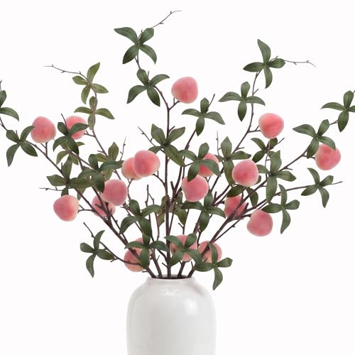 Gresorth Pfirsich Dekoration Mini Gefälschte Künstliche Obst Stiel Blumenstrauß Lebensecht Simulation Zweigstelle Modell für Vase Fenster Anzeigen 5 Stück