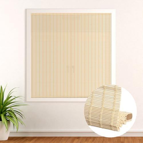 SEEYE Kabellose Bambus-Raffrollos – natürliche Bambusrollos für Innenfenster, aufrollbar, lichtfilternder Bambus-Schatten für Zuhause, Türen, UV-beständig und einfach zu installieren, 55,9 cm B x