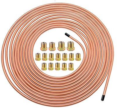 Tuyau de Frein en Cuivre 25ft/7,62m Ø 4.75mm, Kit de Conduite Générale de Frein Replacement, Auto Tube Tuyau de Carburant Frein, 3/16 de Rechange pour Automobile avec 16 Raccords