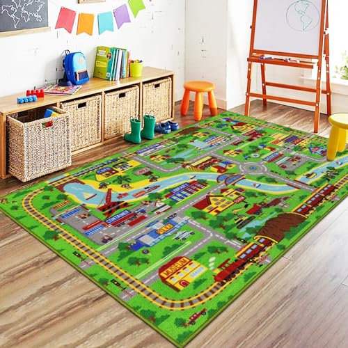 Capslpad Kinder Spielmatte 160x100cm rutschfest Stadtplan Spielplatz Teppich Waschbar Auto Spielmatten Kurzflor Stadtleben Lernen Bildungsbereich Teppich für Kinderzimmer Spielzimmer Dekor, Grün