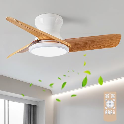 Lrenjon 80CM Ventilatore Da Soffitto Con Luce E Telecomando, Dimmerabile 6 Velocità Silenzioso Motore DC Pale Da Soffitto, Ventilatore Da Soffitto Senza Luce Per Camera Da Letto Soggiorno-Wood Grain
