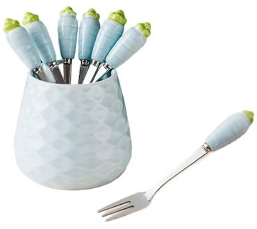 (6 Pieces) Ceramic Handle Stainless Steel Cake Fruit Fork Cute Fruit Pick Small Fork (Blue)