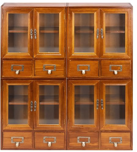 Stackable Modular Set of 4 Mini Cupboards - 8-Drawer Pantry Storage Cabinet - Dark Mahogany Wood Cabinets with 4 Glass Doors and 8 Shelves - Shelf Cabinet Storage Organization, Fully Assembled