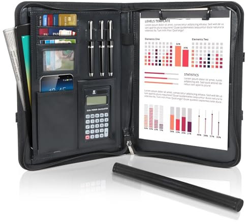 Cinnani Schreibmappe A4, Multifunktions Konferenzmappe, Große Fächern für Tablet, Doppel Reißverschluss, Facheinschließlich Schreibbloc, 4 Kartenfächer, Faltbaren Magnetgriffen, Wasserdicht Ledermappe