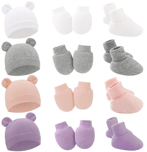 Besforta Lot de 4 chapeaux de prématurés avec moufles et chaussettes en coton doux avec oreilles d'ours