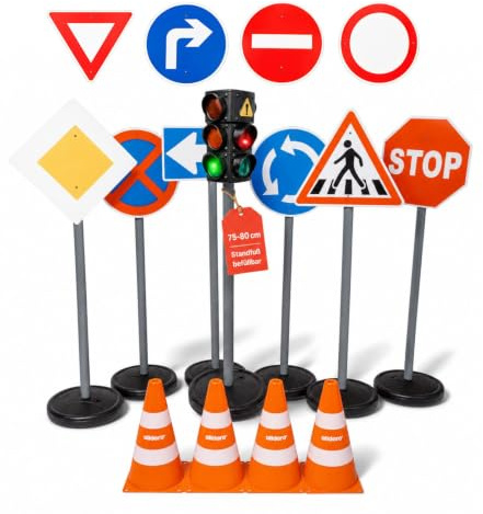 alldoro XXL Verkehrsset, 10 Verkehrsschilder (75 cm), 1 Ampel & 4 Pylonen