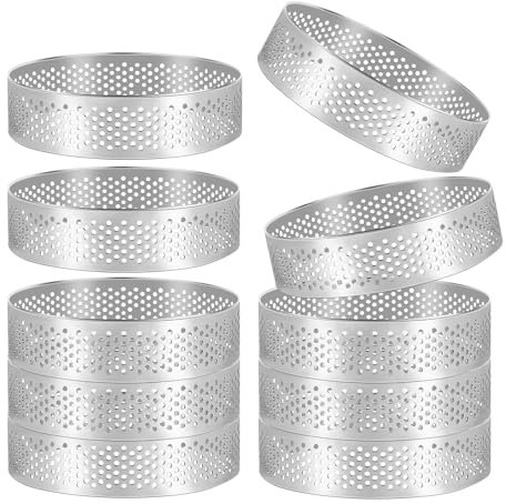 LEWITORS Lot de 10 moules à dessert ronds perforés en acier inoxydable - 6 cm - Pour tartes aux fruits, gâteaux, quiches, mousses, moules de cuisine en métal avec revêtement anti-adhésif