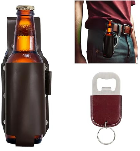 YKuzLx Beer Belt, PU Leather Beer Holster Bottle Holders with Bottle Opener, Grilling Beer Gifts for Men Women, Beer Accessories for Travel Outdoor (Espresso Brown)