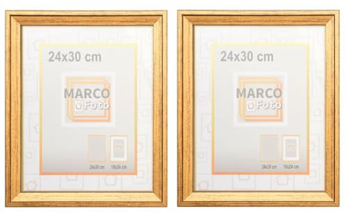 MARCOFOTO Set de 2 Marcos de Fotos Vintage - Marco Para Cuadros - Marco de Fotos - Marco Foto - Marcos Cuadros - Marcos Fotos Pared con Cristal - Marco Fotos - Marcos Madera MDF Dorado - 24X30