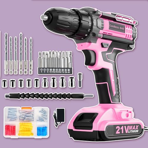 Drill, Cordless Drill and Screwdriver Set, 90PCS Accessories 2.0Ah 3/8 Inch Chuck 370 in-lbs, 25+1 Electric Screwdriver Rechargeable, Power Combi Battery Hand Drills Tool Set for Home Repair (Pink)