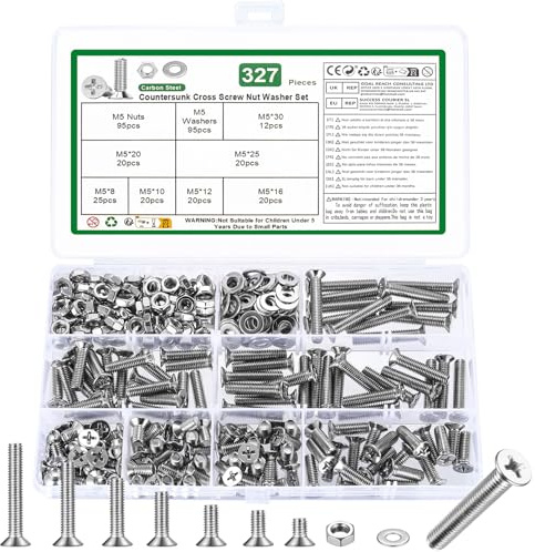 327 Pcs M5 Screws and Nuts Set, Countersunk Bolts and Nuts Assortment, Phillips Flat Head Machine Screws with Washers Set(M5 Screw Kit, Silver)