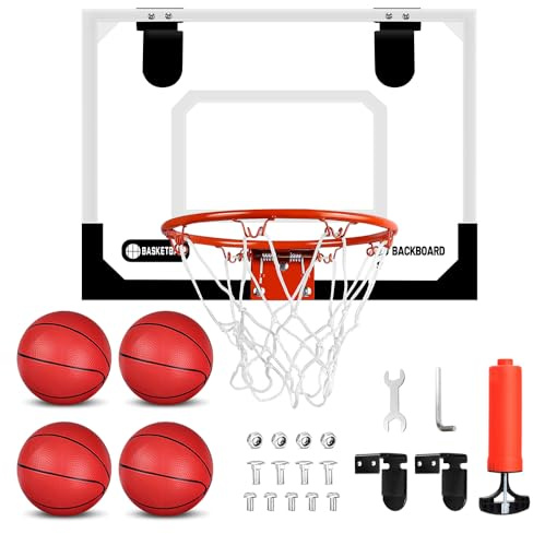 Mini Basketballkorb Indoor für Kinder & Erwachsene,Basketball Indoor Set mit Inklusive Basketballkorb,4 Basketbälle,Luftpumpe, Schaumstoffmatte und Haken,Türmontage 40x30cm,fürs Schlafzimmer & Büro