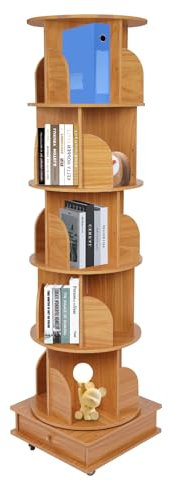 PINYELIN Drehbares Bücherregal, 5 Ebenen Drehregal Rotating Bookshelf mit Schublade und Rollen, Bücherschrank Wohnzimmer Schlafzimmer