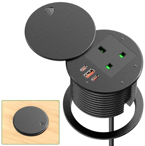 Desk Power Grommet Socket with 35W PD 2 USB C and 30W QC USB A, Recessed Power Socket with Cover, Desk Power Grommet 80mm for Furniture Office, 1.8M Extension Cord, Black, HANNELORE