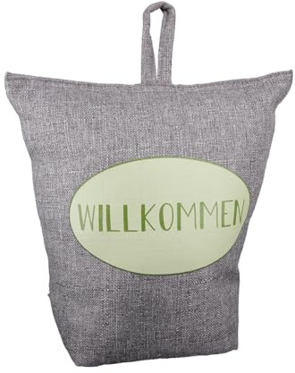 CULT at home Türstopper Sack schwer 1 kg – Türstopp aus Stoff grau mit Schriftzug Willkommen – Doorstopper Floor Balkontür Stopper Tuerstopper Höhe 20 cm