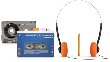 BIGBEN - Reproductor de casete Bluetooth 5.4, altavoz BT, reproductor grabador, autoreversa, recargable USB-C, paquete completo 4 en 1 con auriculares de 3,5 mm, K7 y lápiz, ideal Mixtape – EPOK