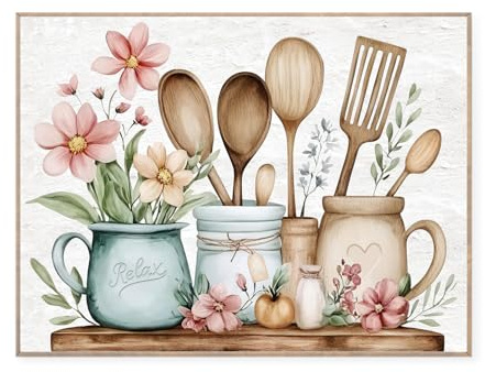 Dazzlewall Blumen Küche Wand Kunstdruck, Küchenutensilien Gläser Blumen Auf Regal Kunstwerk Dekor Aquarell Leinwand Malerei für Küche Esszimmer, 16x12 zoll Ungerahmt