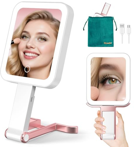 Mocado Makeup Mirror with Light, Double Sided 1X/10X Magnifying Makeup Mirror Rechargeable Tabletop Vanity Mirror with 3 Color Light, Dimmable Touch, Handhold & Travel, 13.2cm(Rose Gold)