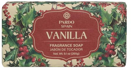 PARDO NAVIDAD - CHRISTMAS VANILLA ACEBO 260g. jabon de manos en formato solido, fragancia que combina la calidez de la vainilla con la sofisticacion