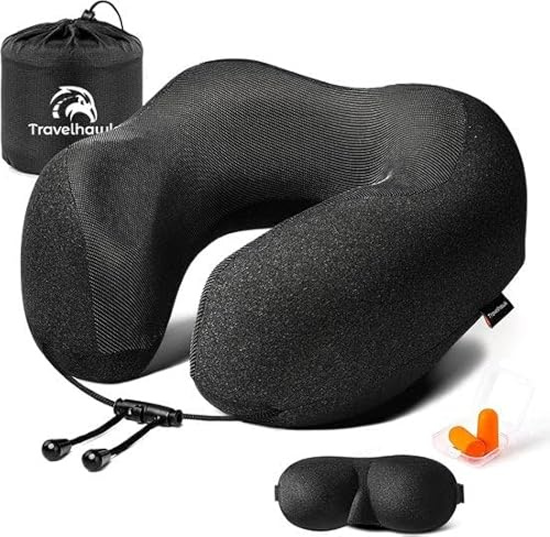 TravelHawk Coussin de voyage de luxe en forme de U en 100 % mousse à mémoire de forme pour avion, voiture et bureau à domicile - Utilisation au bureau