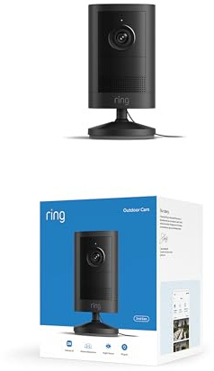 Ring Outdoor Camera 2K, Plug-in (senaste gen), Enkel gör-det-själv-installation, Retinal 2K-video i vidvinkel, upp till 6x förbättrad zoom och mörkerseende, Svart