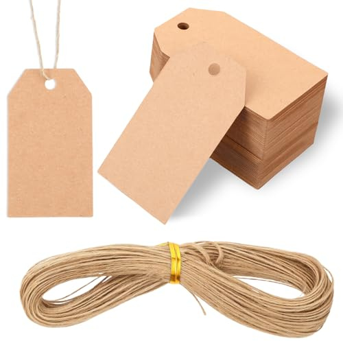 Larrel 100 Stück Geschenk Anhänger, 4 × 7 cm Kärtchen zum Beschriften Preisetiketten mit 20m Juteschnur Kraftpapier Etiketten Trapezförmige Geschenkanhänger für Weihnachten Hochzeit Handwerk, Braun