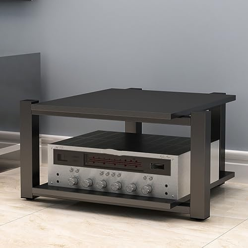 Scaffale audio aperto in legno a 2 livelli stereo media Tower mensola intrattenimento componenti archiviazione e visualizzazione nero organizzatore audio per home theater vinile e collezione CD