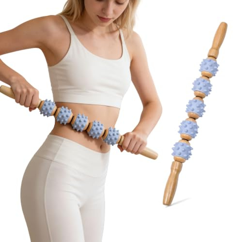 LONGHAO Rouleau de massage en bois avec picots, bâton de massage pour fascia, relaxation musculaire, anti-cellulite pour dos, jambes, cou, relaxation musculaire et drainage lymphatique, bleu (1 pièce)