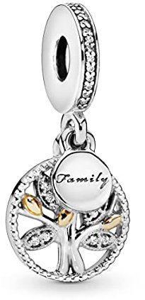 Pandora Moments Women's Sterling Silver and 14k Gold Sparkling Family Tree Cubic Zirconia Dangle Charm for Bracelet, No Box