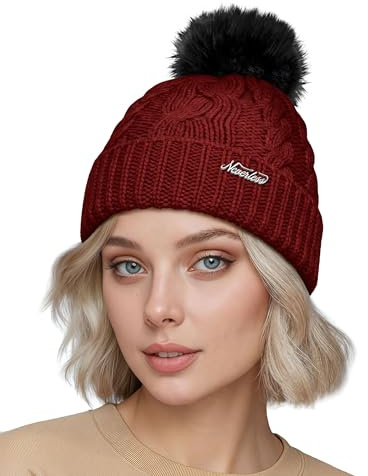 Neverless® Damen Bommelmütze mit Fleecefutter Pudelmütze Strickbeanie Strickmütze Wintermütze