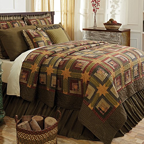 VHC Brands Tea Cabin Twin Quilt 70Wx90L Log Cabin Country Rustic Lodge Design, Moss Green and Deep Red