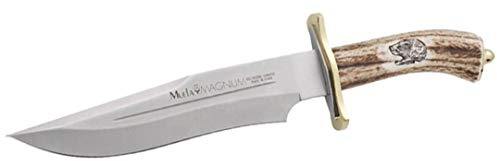 Muela Cuchillo MAGNUM-23 hoja de acero ACX-380 de 23 cm y empuñadura de asta de ciervo para Caza, Pesca, Supervivencia y Bushcraft Realizado en Ciudad Real + Portabotellas de regalo
