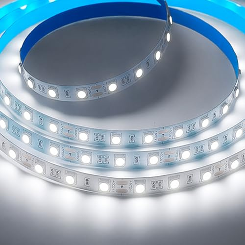 iNextStation Tira LED de 12 V blanco frío 5 m, tira de luz LED autoadhesiva | Flexible, 300 LED SMD5050 para dormitorios, cocinas, armarios bajos, decoración DIY (sin fuente de alimentación ni enchufe)