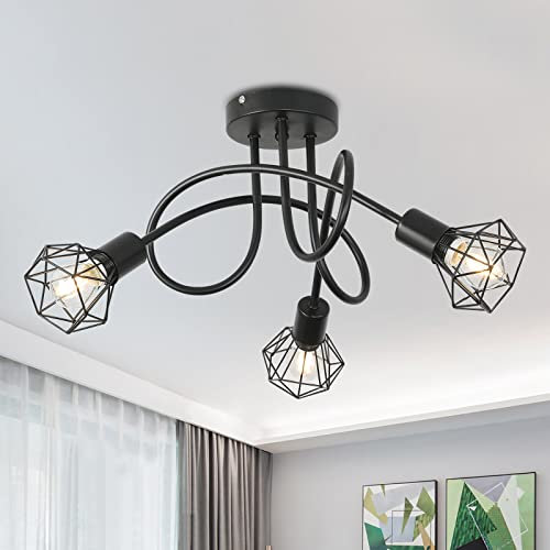 Mchoter Industrial 3 Way Ceiling Light Chandelier Semi-Flush Mount E14 Base Black Metal Caged 3 Lights Ceiling Light Fixture for Bedroom Living Dining Room Hallway(Bulbs not Include)