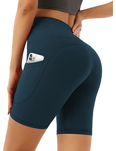 Desol Cykelbyxor för kvinnor med fickor, shorts med V-formad hög midja, korta sportbyxor för kvinnor med magkontroll, sportshorts för yoga och löpning, S
