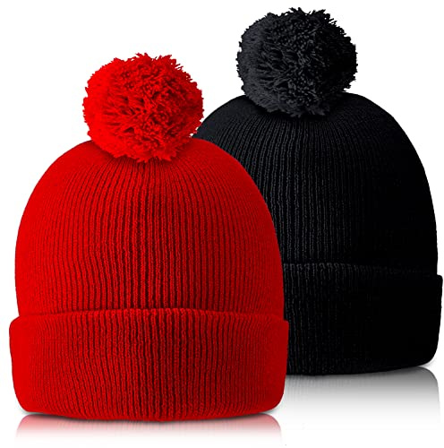 Geyoga 6/2 Pcs Pom Beanie Knit Hat Men Women Winter Hat 2Color 2 Pcs